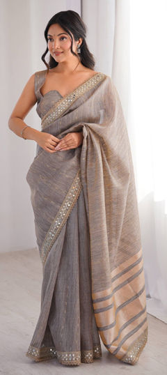 Black and Grey color Saree in Cotton fabric with Border, Embroidered, Mirror work