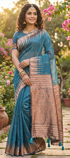 Blue color Saree in Cotton, Linen fabric with Weaving work