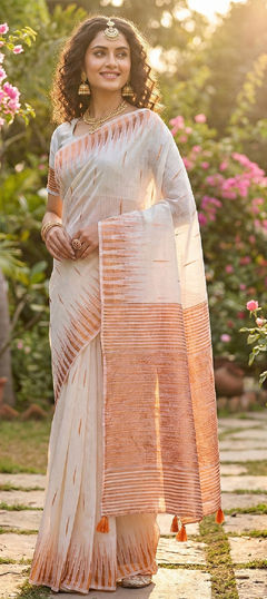 White and Off White color Saree in Cotton, Linen fabric with Weaving work