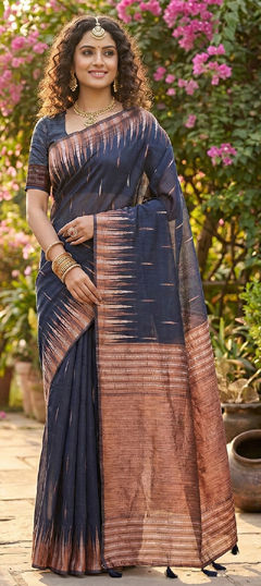 Blue color Saree in Cotton, Linen fabric with Weaving work
