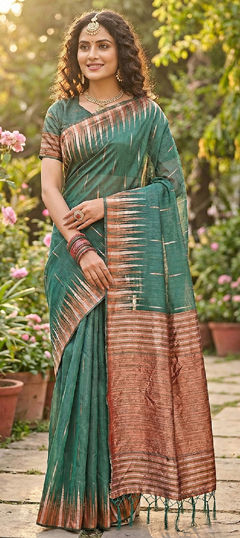 Green color Saree in Cotton, Linen fabric with Weaving work