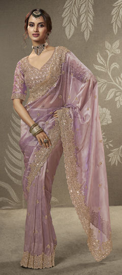 Purple and Violet color Saree in Tissue fabric with Cut Dana, Embroidered, Sequence work