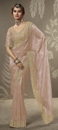 Pink and Majenta color Saree in Tissue fabric with Cut Dana, Embroidered, Sequence work