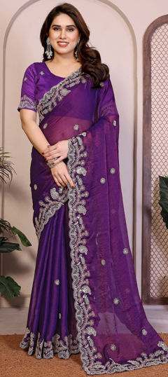 Purple and Violet color Saree in Chiffon fabric with Embroidered, Thread work