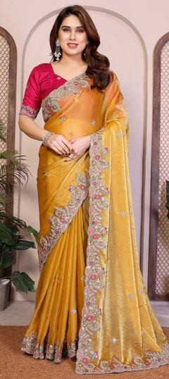 Yellow color Saree in Chiffon fabric with Embroidered, Thread work