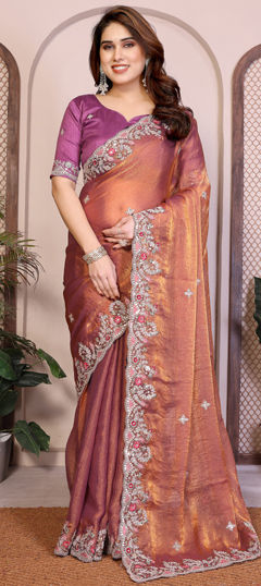 Gold color Saree in Chiffon fabric with Embroidered, Thread work