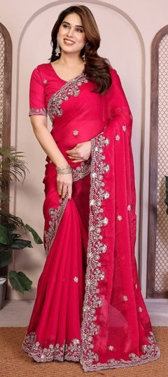 Pink and Majenta color Saree in Chiffon fabric with Embroidered, Thread work