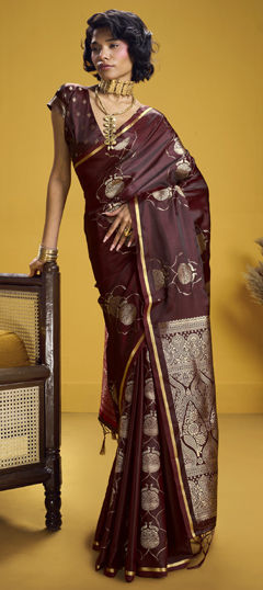 Red and Maroon color Saree in Satin Silk fabric with Weaving work