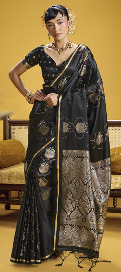 Black and Grey color Saree in Satin Silk fabric with Weaving work
