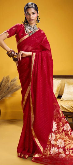 Red and Maroon color Saree in Silk fabric with Weaving work