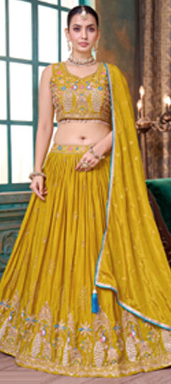 Yellow color Ready to Wear Lehenga in Silk fabric with Bugle Beads, Embroidered, Sequence work