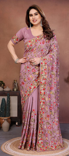 Pink and Majenta color Saree in Silk fabric with Embroidered work