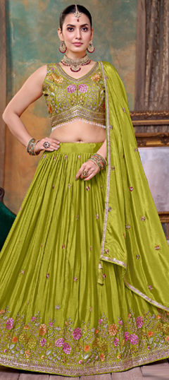 Green color Ready to Wear Lehenga in Silk fabric with Embroidered, Sequence work