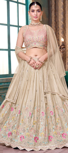 Beige and Brown color Ready to Wear Lehenga in Silk fabric with Embroidered, Mirror, Resham work
