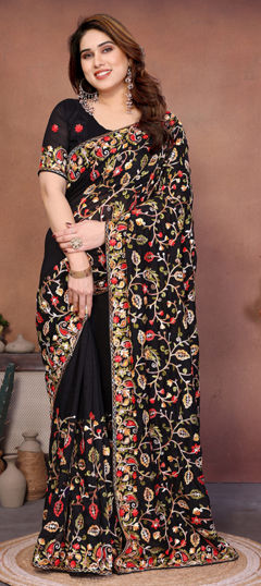 Black and Grey color Saree in Silk fabric with Embroidered work