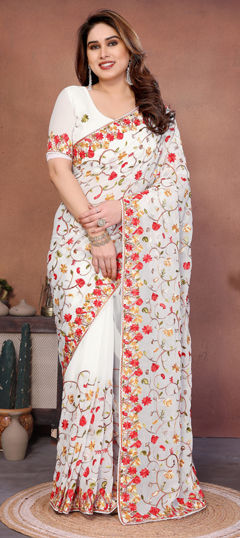 White and Off White color Saree in Georgette fabric with Embroidered work