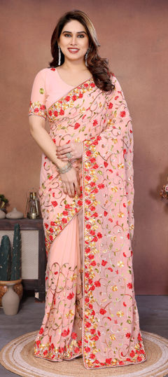 Pink and Majenta color Saree in Georgette fabric with Embroidered work