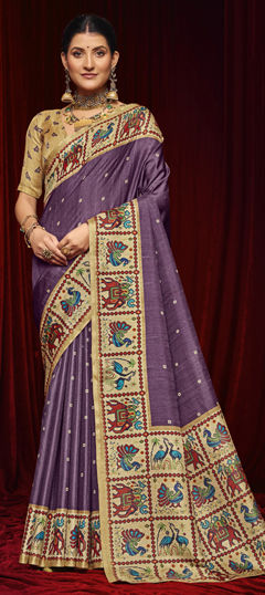 Purple and Violet color Saree in Silk fabric with Printed work