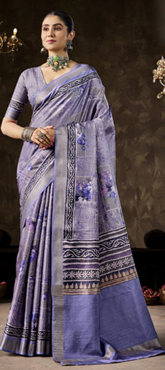 Blue color Saree in Silk fabric with Floral, Printed work