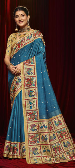Blue color Saree in Silk fabric with Printed work
