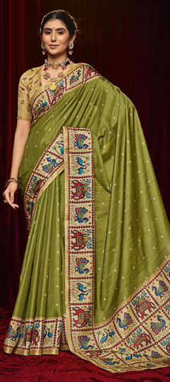 Green color Saree in Silk fabric with Printed work