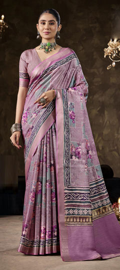 Pink and Majenta color Saree in Silk fabric with Floral, Printed work