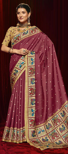 Pink and Majenta color Saree in Silk fabric with Printed work