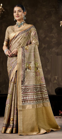 Beige and Brown color Saree in Silk fabric with Floral, Printed work