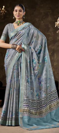 Black and Grey color Saree in Silk fabric with Floral, Printed work