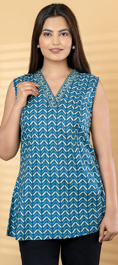Blue color Co-ords Set in Cotton fabric with Printed, Sequence work