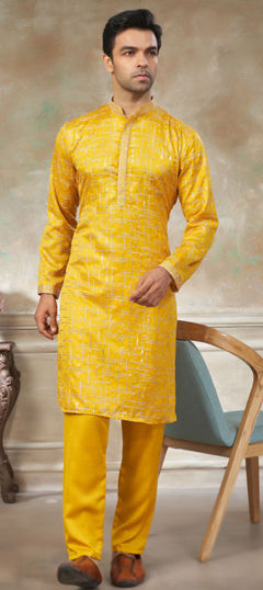 Yellow color Kurta Pyjamas in Silk fabric with Embroidered work