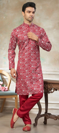 Red and Maroon color Kurta Pyjamas in Silk fabric with Embroidered work