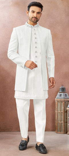 White and Off White color IndoWestern Dress in Art Silk fabric with Embroidered work