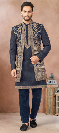 Blue color IndoWestern Dress in Art Silk fabric with Embroidered work