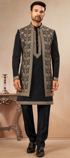 Black and Grey color IndoWestern Dress in Art Silk fabric with Embroidered work