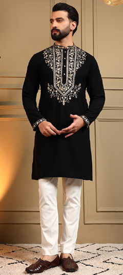 Black and Grey color Kurta Pyjamas in Cotton fabric with Embroidered, Sequence work