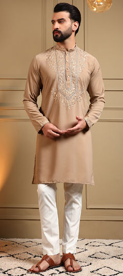 Beige and Brown color Kurta Pyjamas in Cotton fabric with Embroidered, Sequence work