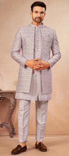 Black and Grey color IndoWestern Dress in Art Silk fabric with Embroidered work