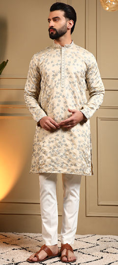 Beige and Brown color Kurta Pyjamas in Cotton fabric with Embroidered, Sequence work