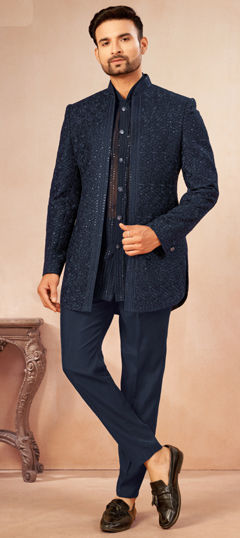 Blue color Jodhpuri Suit in Art Silk fabric with Embroidered work