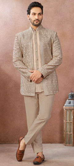 Beige and Brown color Jodhpuri Suit in Art Silk fabric with Embroidered work