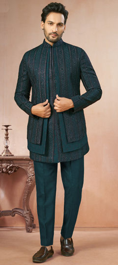 Green color IndoWestern Dress in Art Silk fabric with Embroidered work