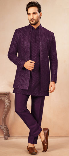 Purple and Violet color Jodhpuri Suit in Art Silk fabric with Embroidered work