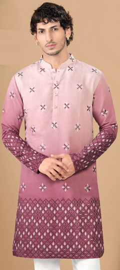 Pink and Majenta color Kurta in Silk fabric with Embroidered, Mirror work