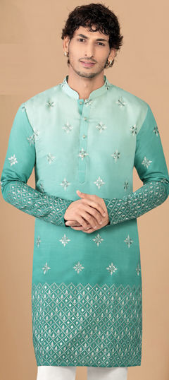 Green color Kurta in Silk fabric with Embroidered, Mirror work