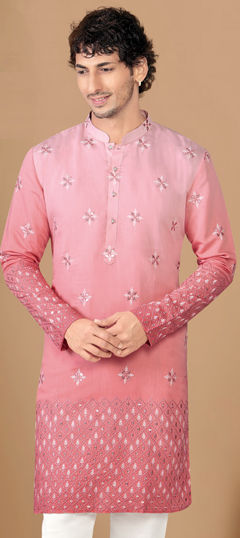 Pink and Majenta color Kurta in Silk fabric with Embroidered, Mirror work