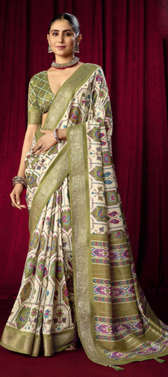 Green, White and Off White color Saree in Silk fabric with Printed, Weaving work