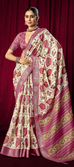 Pink and Majenta, White and Off White color Saree in Silk fabric with Printed, Weaving work