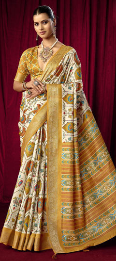 White and Off White, Yellow color Saree in Silk fabric with Printed, Weaving work