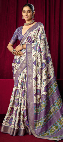 Purple and Violet, White and Off White color Saree in Silk fabric with Printed, Weaving work